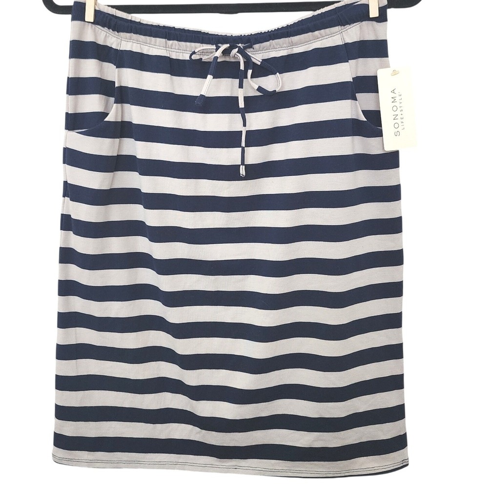 Sonoma Life Style Womens XS Striped Knit Skirt Navy Blue White Drawstring Pocket